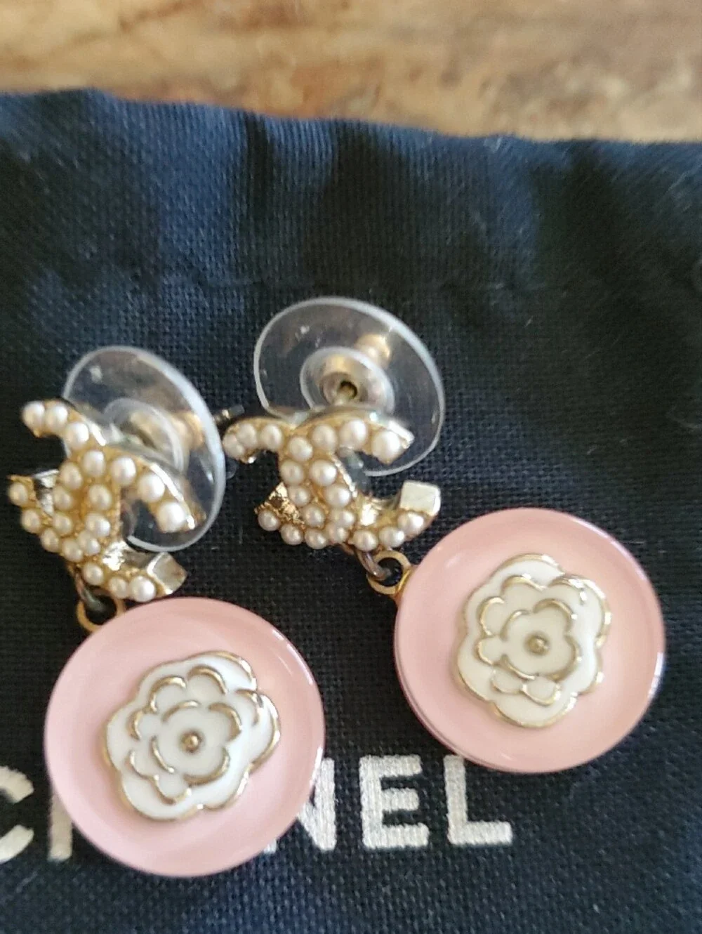 CHANEL Camellia Pink Pearl CC Drop Earrings with Floral Medallion